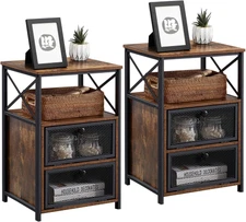Set of 2, Modern Night Stands Side End Tables with Drawers and Storage Shelf for