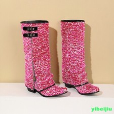 Fashion Modern Women's Mid Calf Boots Bling Bling Sequins Cuffed Low Heel Shoes