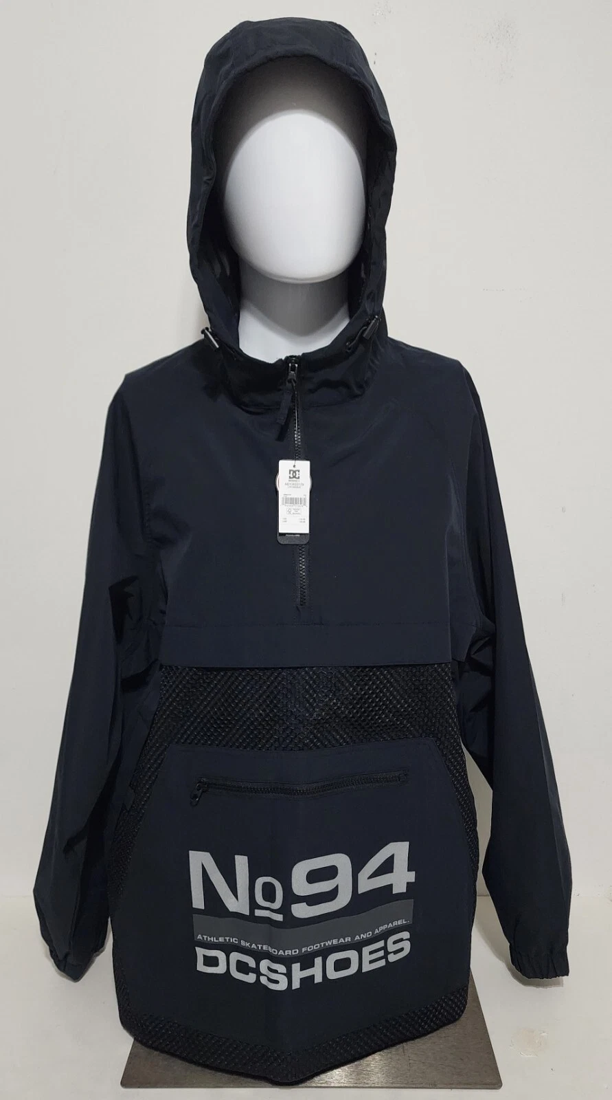 DC Skateboard Hooded N94 Windbreaker Jacket Mens L Black Pullover Anorak Poncho