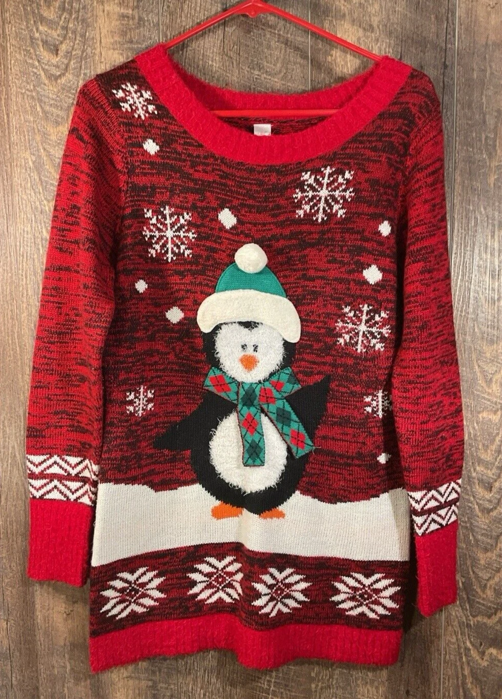 No Boundaries Ugly Christmas Sweater- Penguin in Scarf  Hat  Snowflakes-