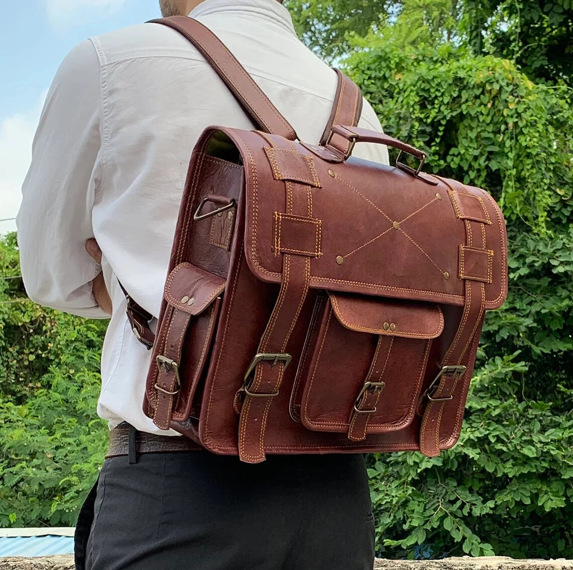 Messenger Bag Men's Leather Convertible Laptop Backpack Briefcase Travel Work