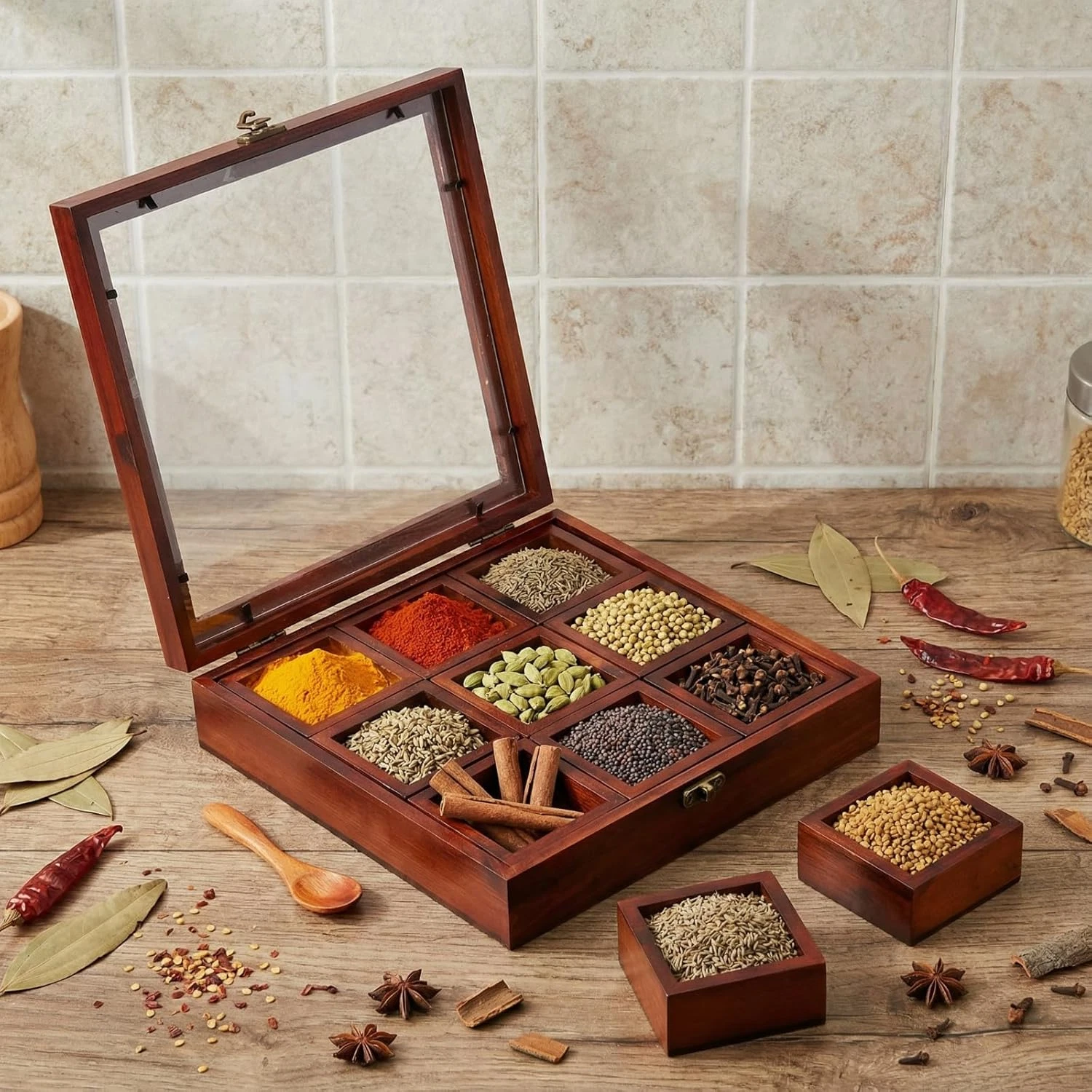 AceOrbit Wooden Spice Box - Masala Dabba Organizer with Spoon & Glass Lid