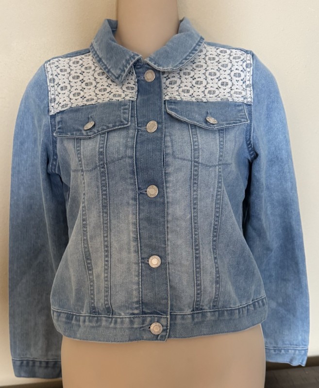 PLACE Girls Blue Denim Trucker Jacket White Lace yoke * Size XL 14