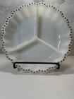Vintage Milk Glass Divided Dish with White Scalloped Gold Dot Accent Trim.