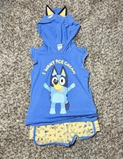 Bluey Hooded Sleeveless Cartoon Top  Shorts Set Blue Yellow Size 7-8