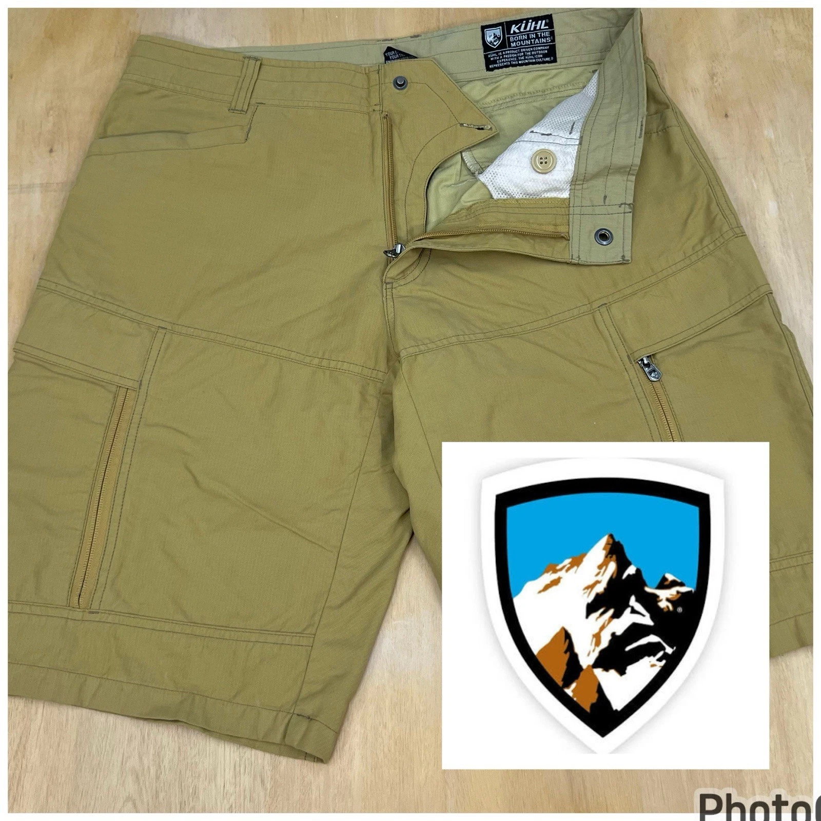 Kuhl Kaptiv Cargo Shorts Vintage Patina Dye Mens 34x11 Khaki Micro Herringbone