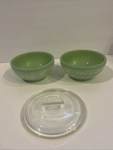 2 Vintage Fire King Jadeite 5" Bowl & Lid antique kitchen oven ware. Unmarked
