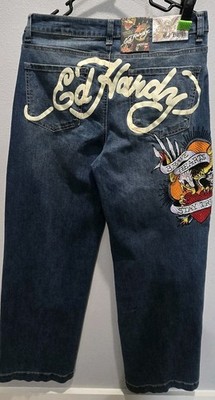 Ed Hardy Y2K Jeans BRAVE HEARTS Stretch Womens 30 Wide Leg Retro NWT 