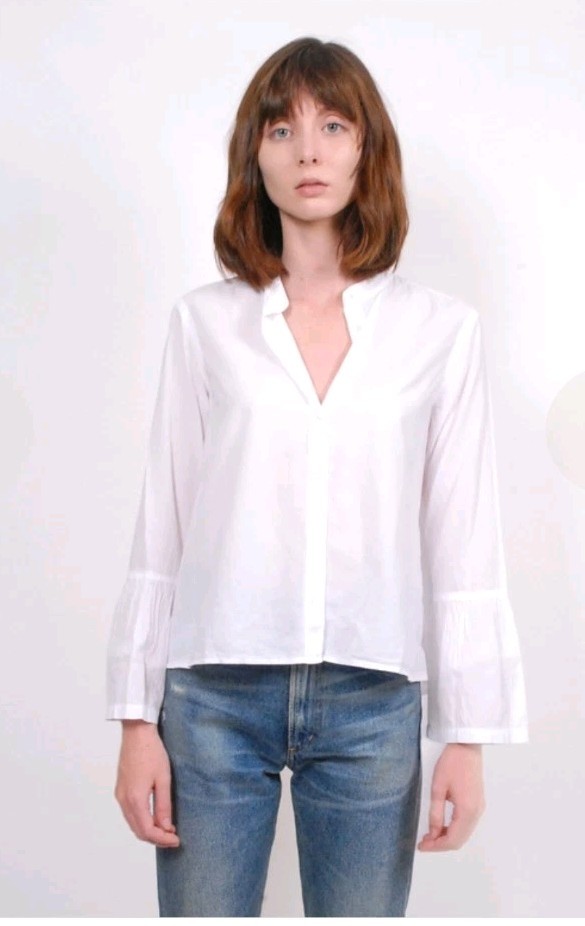 Xirena Bianca Shirt white Button Down Bell sleeves Banded Collar Cotton Medium M