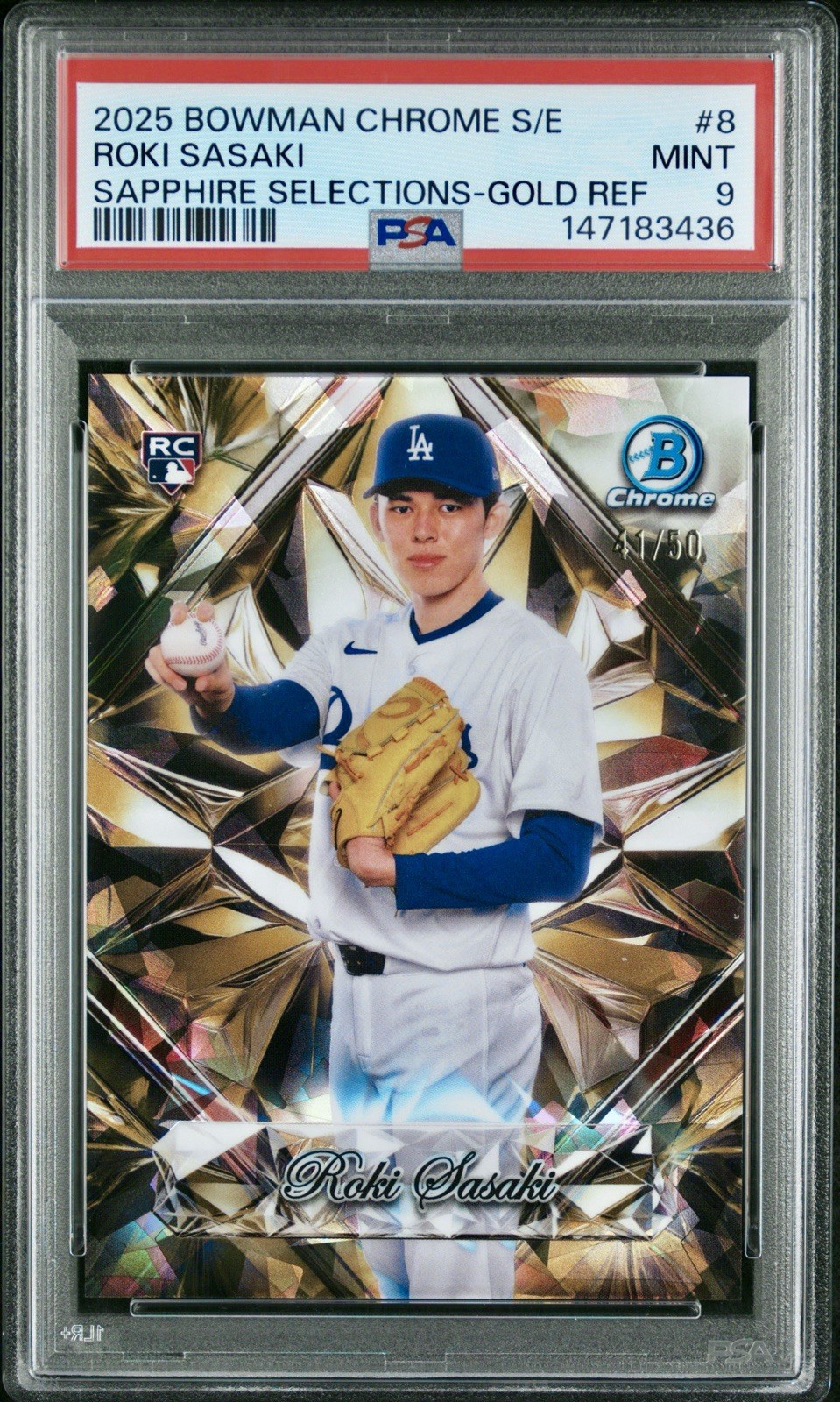 2025 Bowman Chrome GOLD #SS-8 Roki Sasaki /50 (RC,SP)🔥SAPPHIRE SELECTIONS🔥PSA9
