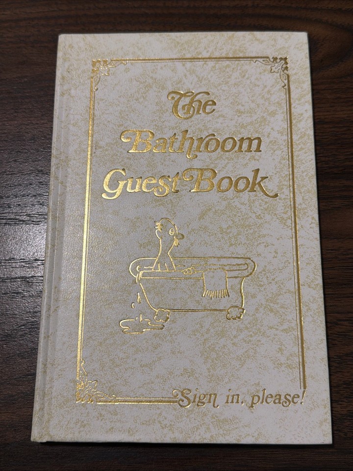 A genuinely unopened 1982 bathroom gag guest book — a time-capsule novelty that's never been cracked, making it a perfect retro gag gift with vintage charm intact.