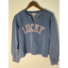 Lucky Brand Sweatshirt Wm S Blue Graphic V-Notch Raw Hem Crop Pullover Preppy