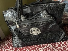 Kathy Van Zeeland Black Animal Print Shoulder Bag Studded Logo Accent Pockets