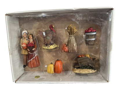 NEW IN BOX GERSON INT BRAND SET OF 6 THANKSGIVING FIGURES APPLES TURKEY PUMPKINS