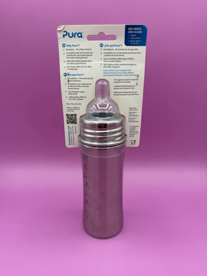 Biberón infantil PURA de acero inoxidable incluye pezón de silicona (3+ Mos., 9 oz) ¡NUEVO! Foto 2 de 2