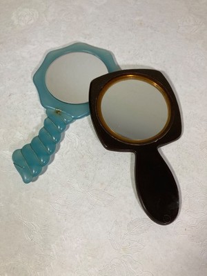 Two Vintage Hand Held Art Deco Mirrors Celluloid  Bakelite  Green and brown