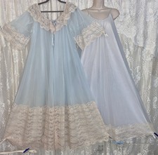VTG L INTIME Sky Blue Sheer Db Chiffon Peignoir Robe Nightgown Negligee Gown Set