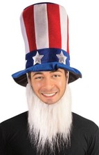 JUMBO UNCLE SAM TOP HAT  BEARD Patriotic Costume Red White Blue Stars USA Flag