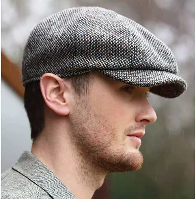 Hanna Hats JP Cap Men's Donegal 100% Irish Wool Tweed Newsboy Irish Flat Hat Made in Ireland, Size: Medium, Blue