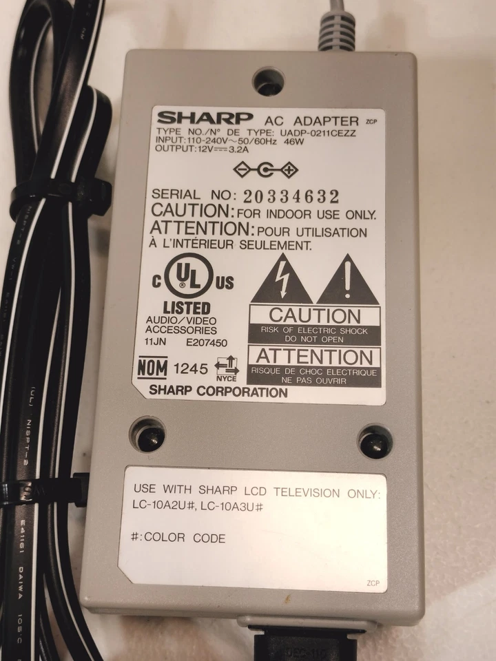Adaptador de CA de 12 V Cargador Cable de Alimentación Fuente para Sharp LCD UADP-0211CEZZ Foto 2 de 4