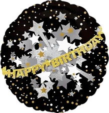 Anagram Happy Birthday Balloon Black/Gold/Silver with Garland Foil Balloon 32"