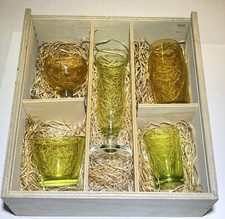 Drinking Glasses European Blown Glass 5 Assorted Green Amber Original Box
