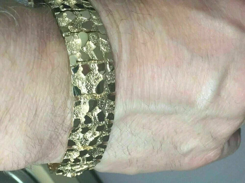 14k Yellow Gold Finish Handmade Adorable Men's Nugget Bracelet 17 mm 8.5" Inch - Image 4 of 4