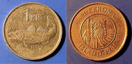 Iceland 1981 1 Krona FISH KM-27 Copper-nickel XF #21 - US Seller - Picture 2 of 2