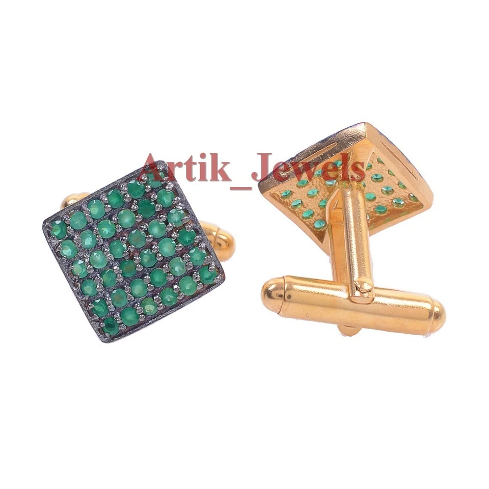 Natural Green Onyx Gemstone With 14K Gold Plated Silver Cufflink #672 - image 2 of 4