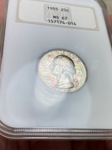 1955-P 25C Washington Silver Quarter GEM NGC MS67 Rainbow Toning NGC Fatty Slab - Picture 5 of 8