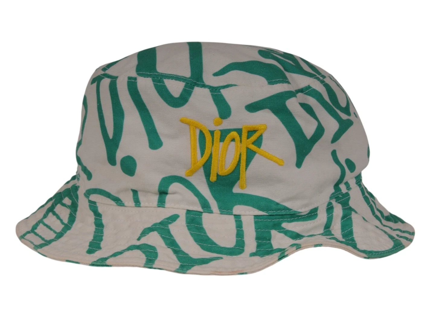 Chapeau seau Dior SHAWN Stussy taille L blanc vert jaune coton logo casquette