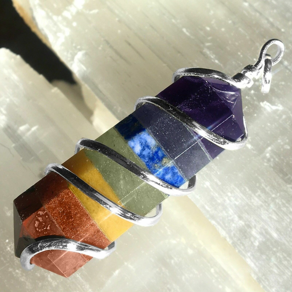 Rainbow Fluorite Crystal 7 Chakra Pendant Necklace