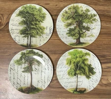 John Derian Tree Script 7” Round 4 Plate Set Vintage Decoupage  OOP