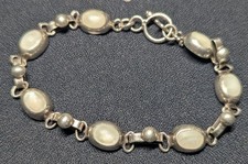 White Chalcedony Cabochon .925 Sterling Silver Bracelet - 7'' Long, 19 grams