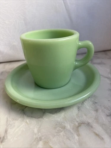 Fire King Jadeite Glass Restaurant Ware Heavy Straight Cup & Saucer