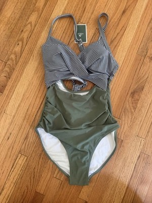 One Piece Swimsuit Padded Cup Front Cutout B&W Twist Top Green Tummy Control XS