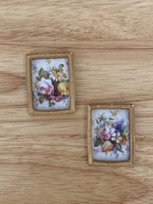 1:12 Set Of 2 Dollhouse Miniature Small Victorian Floral Pictures In Gold Frame