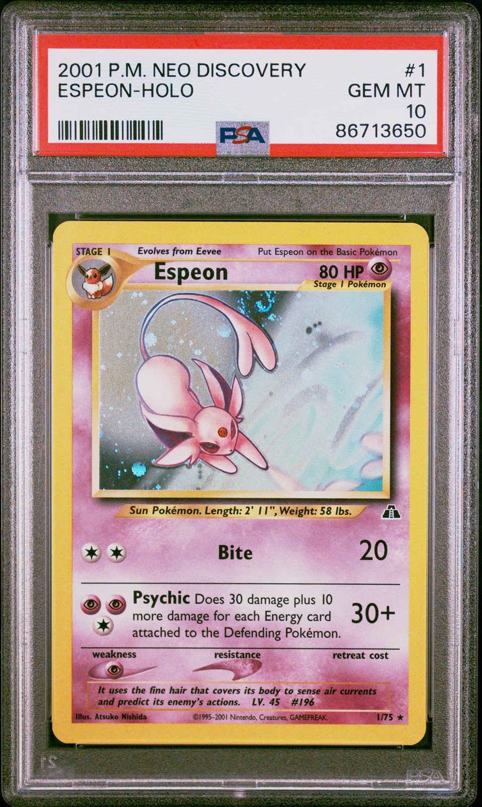 Pokemon Espeon Holo 2001 Neo Discovery Unlimited #1 PSA 10