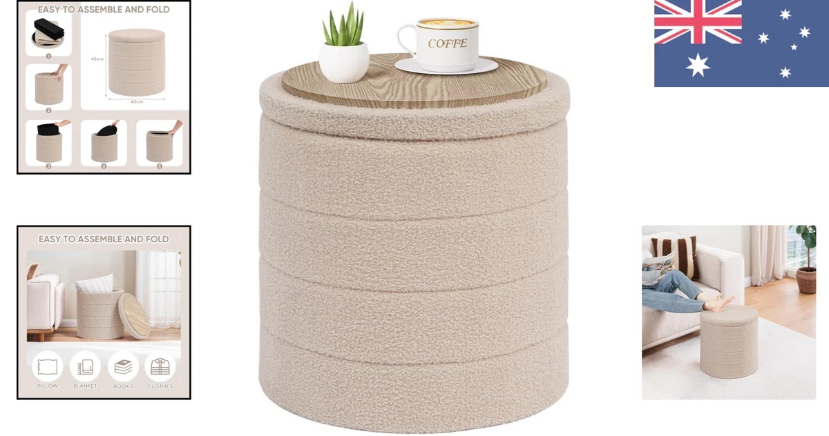 Versatile 29.9 Inch Velvet Sherpa Ottoman - Stylish Storage Solution in Beige