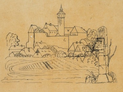 M. SCHWIND (1804-1871) Umkreis, Märchenhafte Burg mit Bergfried, um 1840, Feder