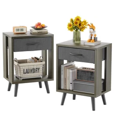 Nightstands Set of 2 with Black Fabric Storage Drawer and Open Wood Shelf, Si...