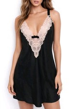 Victoria  s Secret Black Satin Lace Slip Dress Chemise Lingerie Size M Y2K...