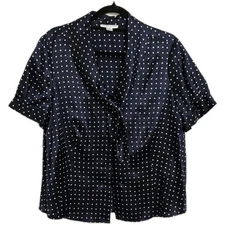 Pendelton Womens Sz 18 Short Sleeve Silk/Cotton Tie Neck Navy Blue/White Blouse 