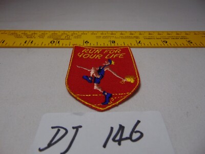 Vintage Embroidered Patch Run For your Life Red & Gold Comical 2'' x 2 3/4''