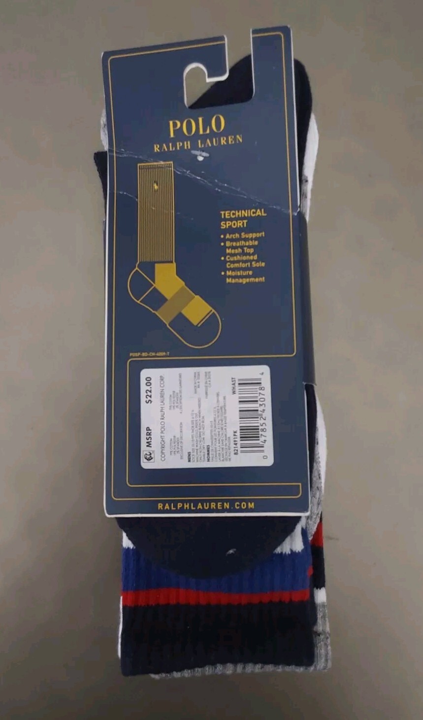PONY Polo Ralph Lauren Technical Sport Calzini da uomo in cotone bianchi assortiti taglia 10 13