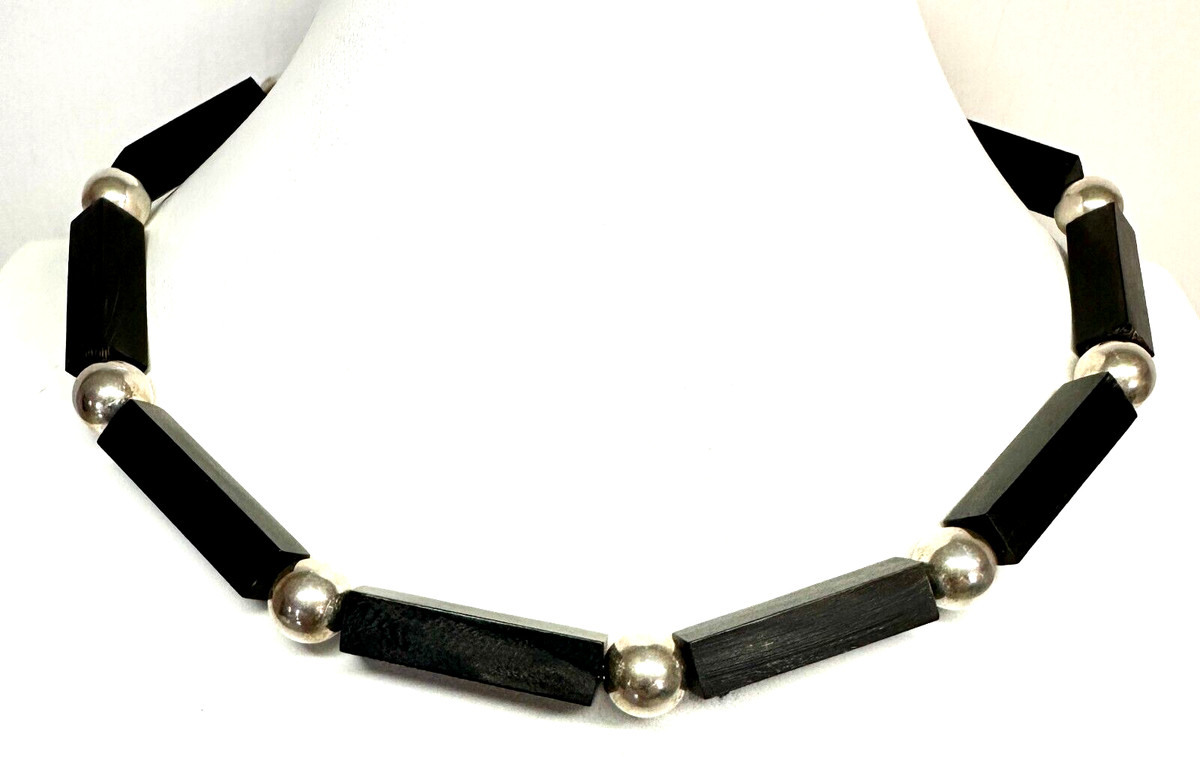 EMILLY RAY MODERN STERLING SILVER BEADBALL 10M & HARDWOOD ACCENTS NECKLACE 16"+