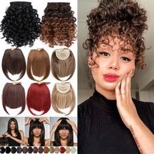 US Thick Bangs Clip In Hair Extensions Fake Front Fringe as Human Curly Straight