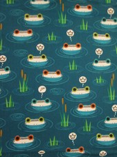 FROG FACES LILLY PADS FROGS HOP TO IT DARK BLUE COTTON FABRIC BTHY