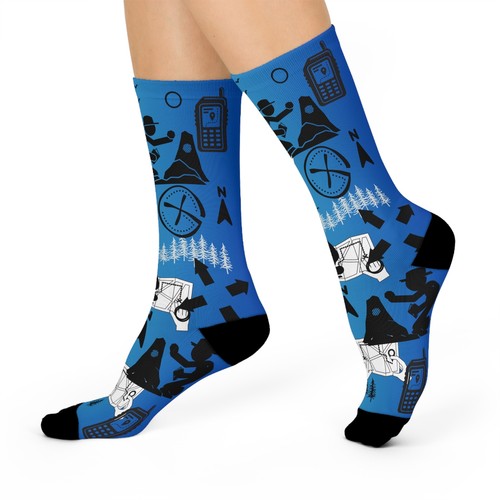 Geocaching Socken Unisex 1 Größe Kompass Karten GPS Cache Thema blau Original NEU - Bild 3 von 7