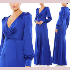 NWT IEENA Mac Duggal 6 55635 Satin Ruched Bishop Sleeve Gown Royal Blue Q906